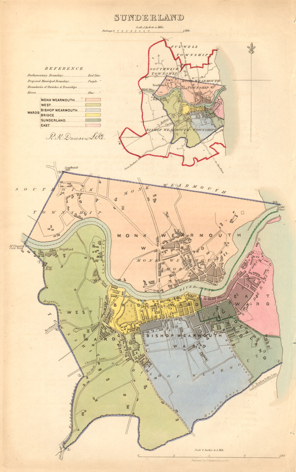 SUNDERLAND borough/town/city plan. BOUNDARY COMMISSION. Durham. DAWSON 1837 map